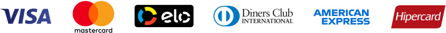 Aceitamos: Visa, Mastercard, Elo, Diners Club, American Express, Hipercard